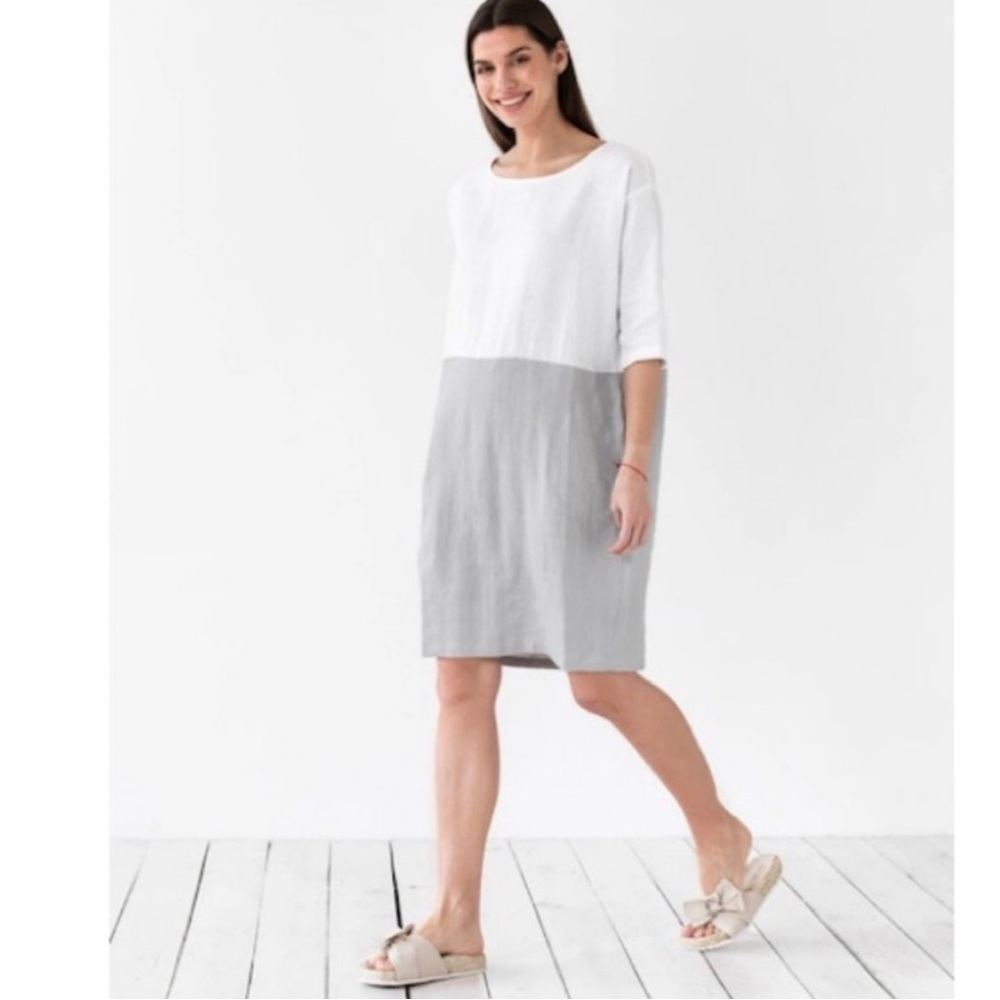 MAGIC LINEN Adria Color-Block White and Gray 100% Linen Dress size‎ L EUC